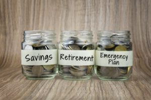 LCF Law Solicitors | Image showing 3 Jars with cions and Labels, Savings, Retirement, Emergency Plan